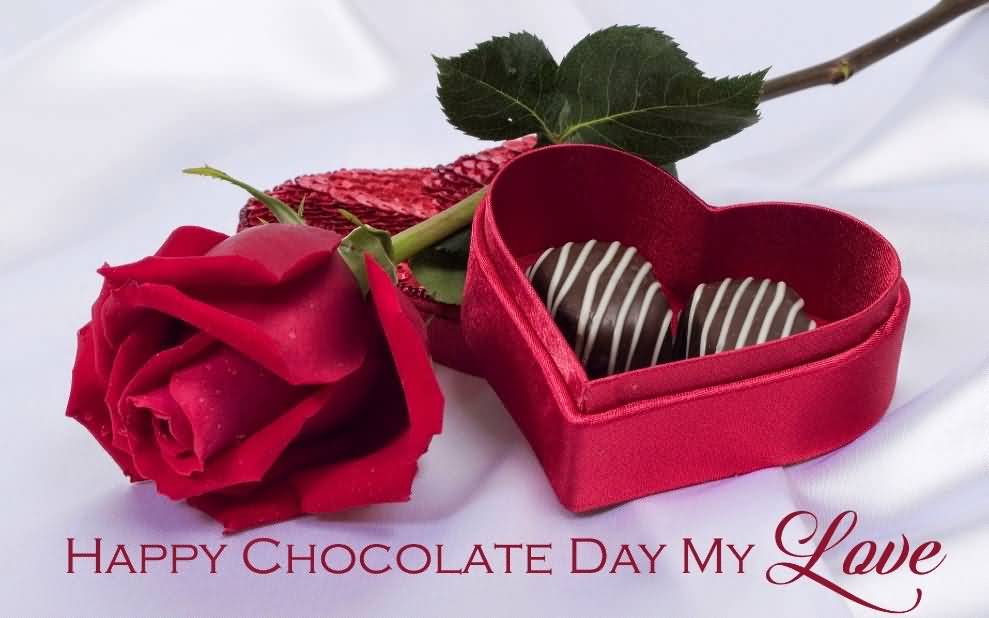 Happy Chocolate Day My Love Chocolates In Heart Box And Rose Bud