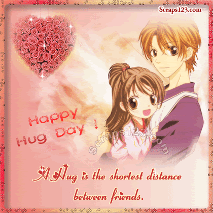 Happy Hug Day A Hug Is The Shortest Distance Between Friends Glitter Ecard