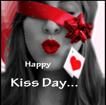 Happy Kiss Day Girl Blind Fold Eyes With Red Ribbon And Giving Kiss