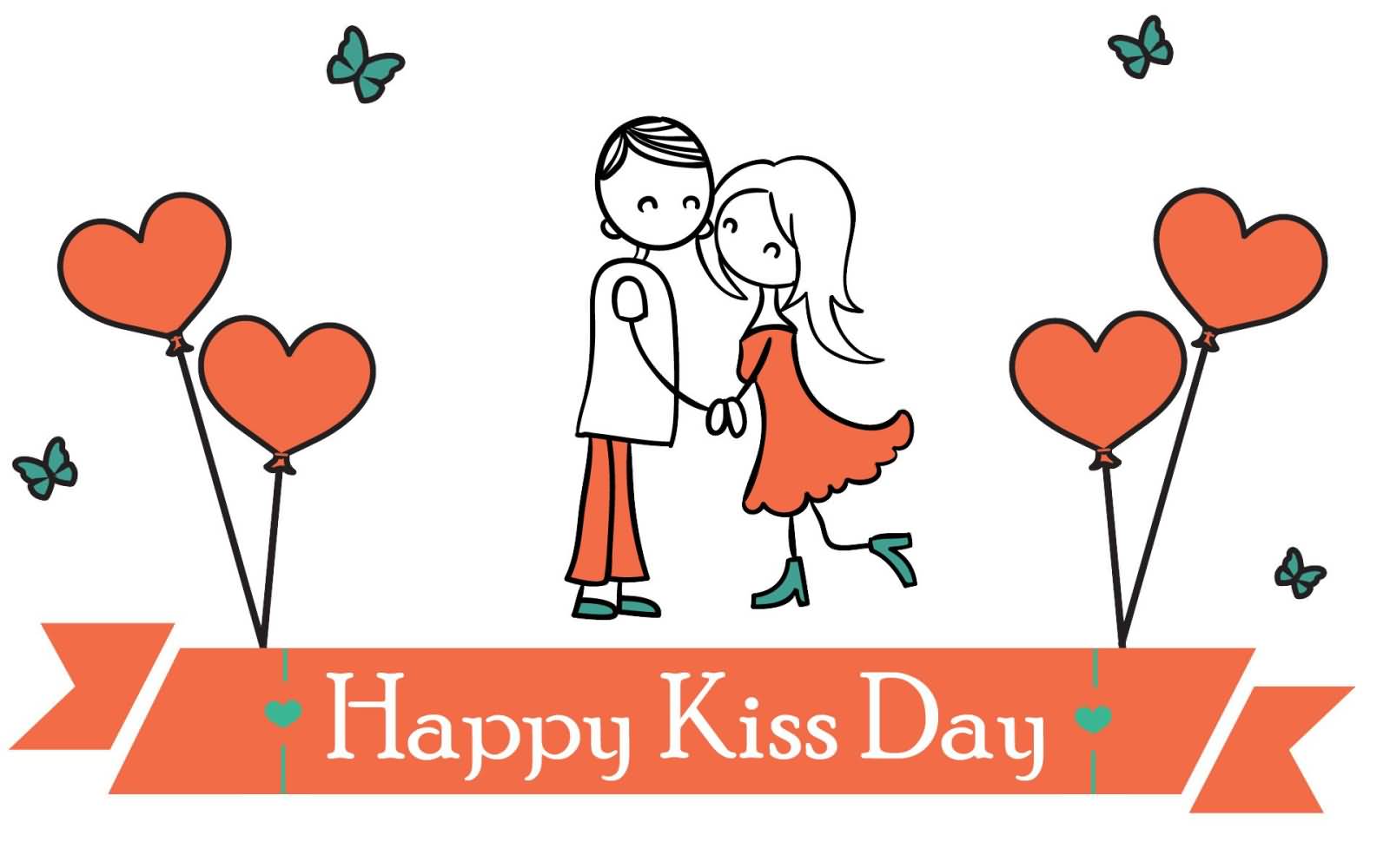 Happy Kiss Day Kissing Couple And Heart Balloons Illustration