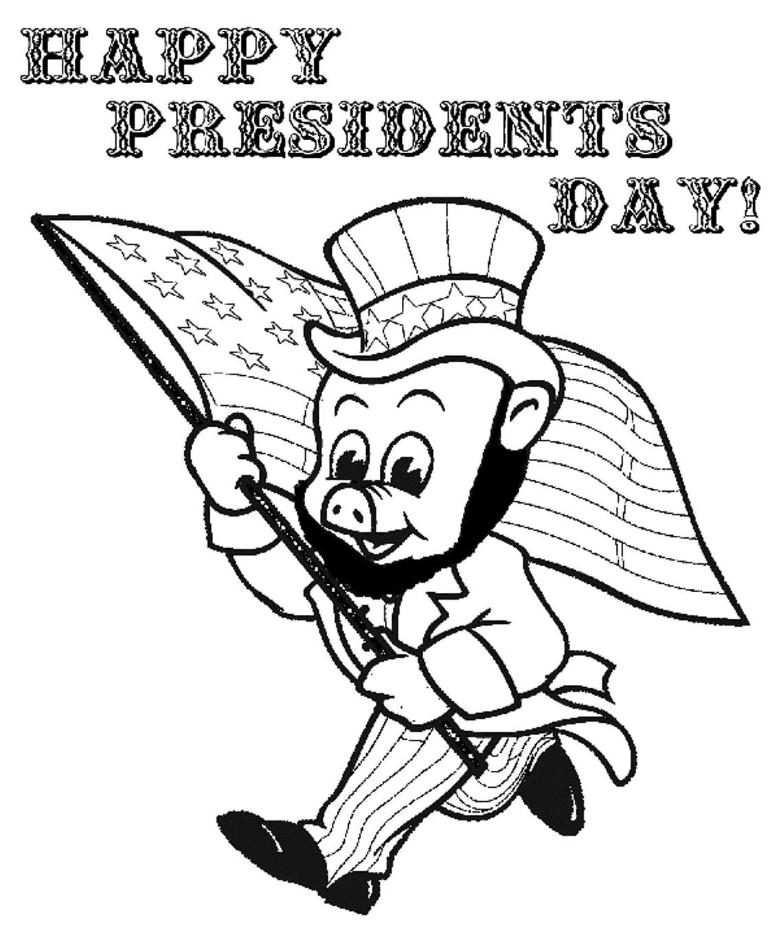 Happy Presidents Day Pig With Flag Coloring Page