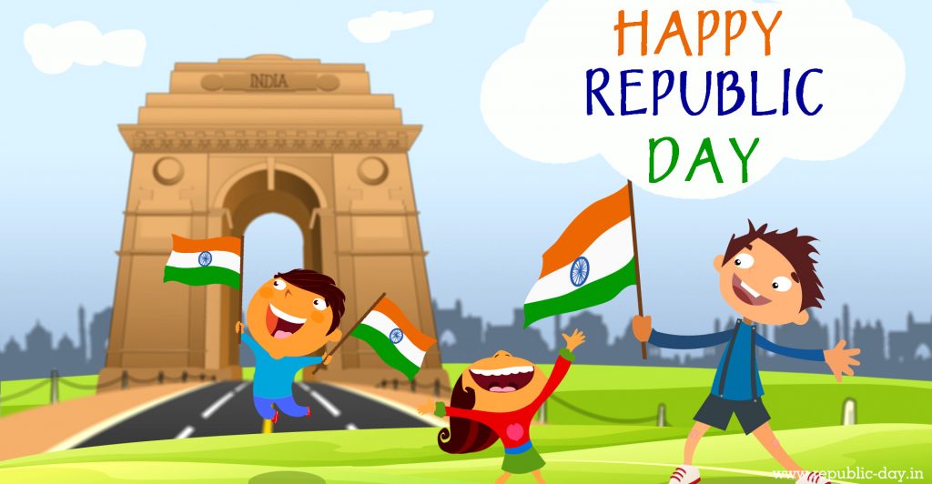 Happy Republic Day Kids With Flags Cartoon Picture