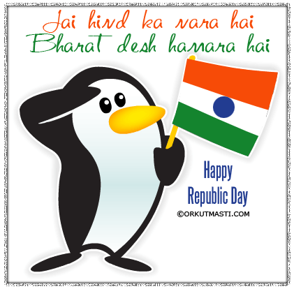 Happy Republic Day Penguin With Flag Glitter Ecard