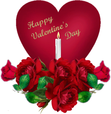 Happy Valentine's Day Heart With Burning Candle And Flowers