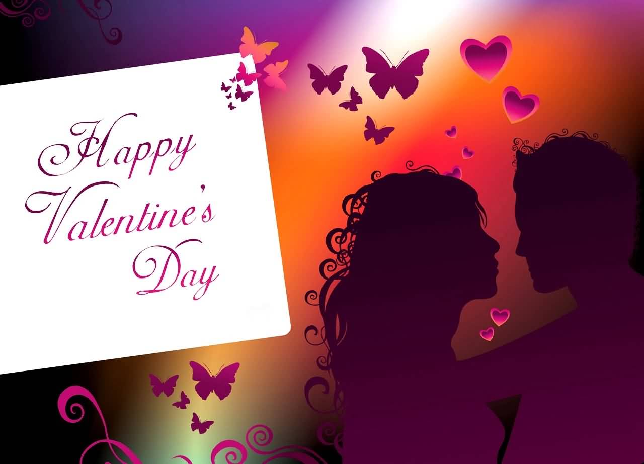 Happy Valentine's Day Love Couple With Butterflies And Hearts Wallpaper