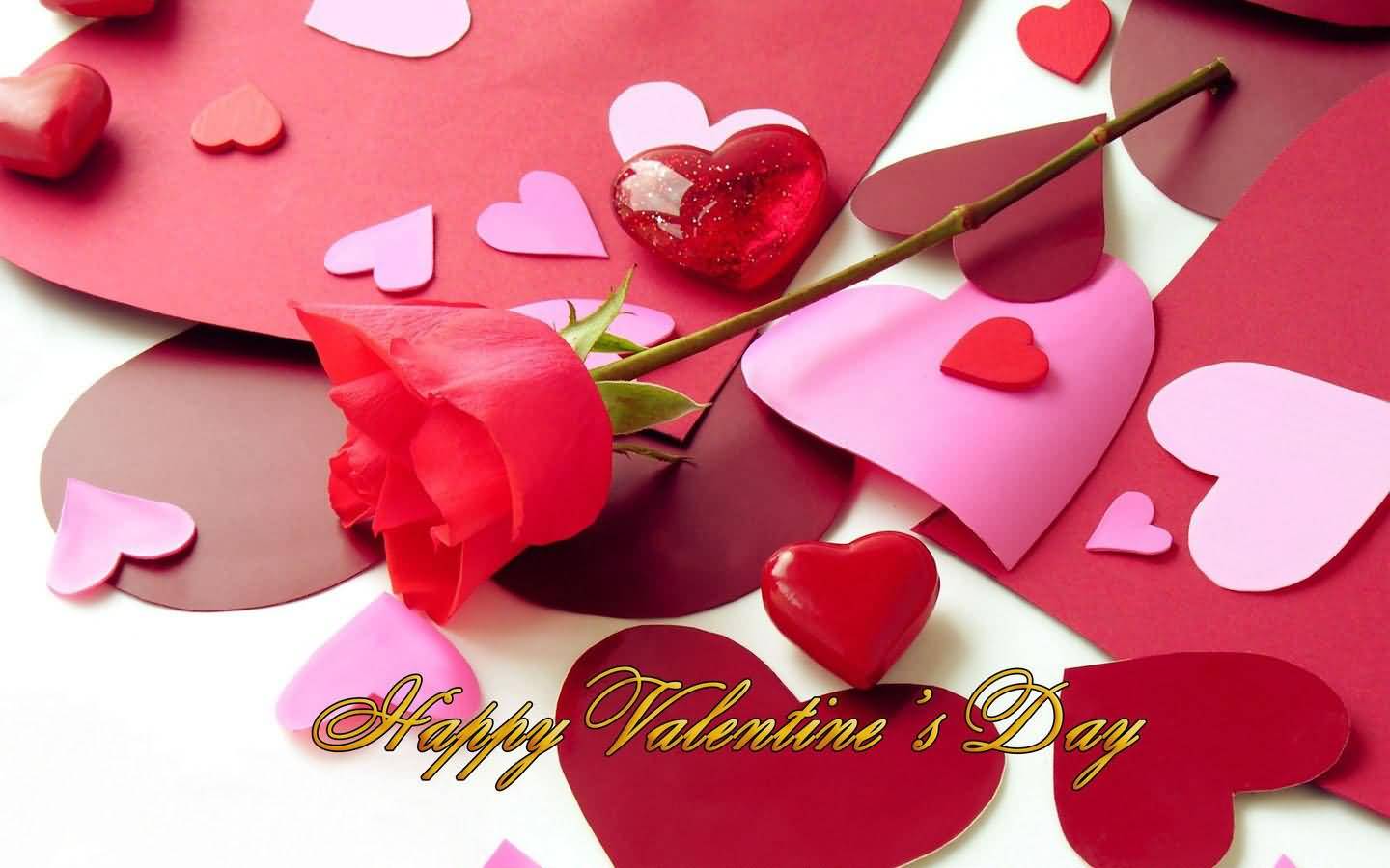Happy Valentine’s Day Paper Hearts And Rose Bud Wallpaper