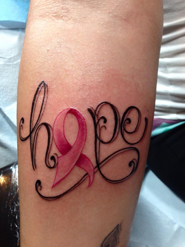 Hope – Cancer Ribbon Tattoo On Forearm
