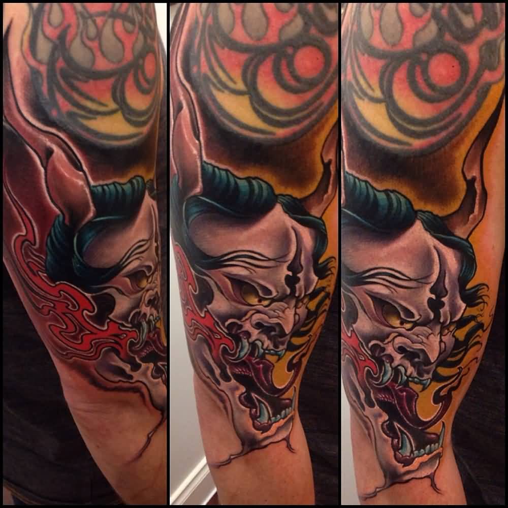 Horror Demon Face Tattoo On Man Right Half Sleeve