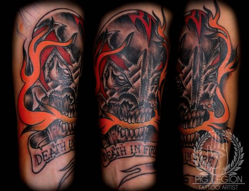 Horror Lord Diablo Head With Banner Tattoo On Half Sleeve