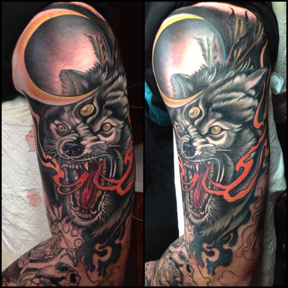 Horror Third Eye Wolf Tattoo On Left Half Sleeve