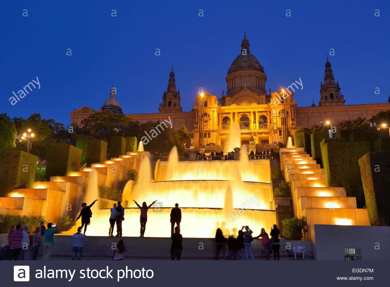 Illuminated Fountain And Palau Nacional At Night