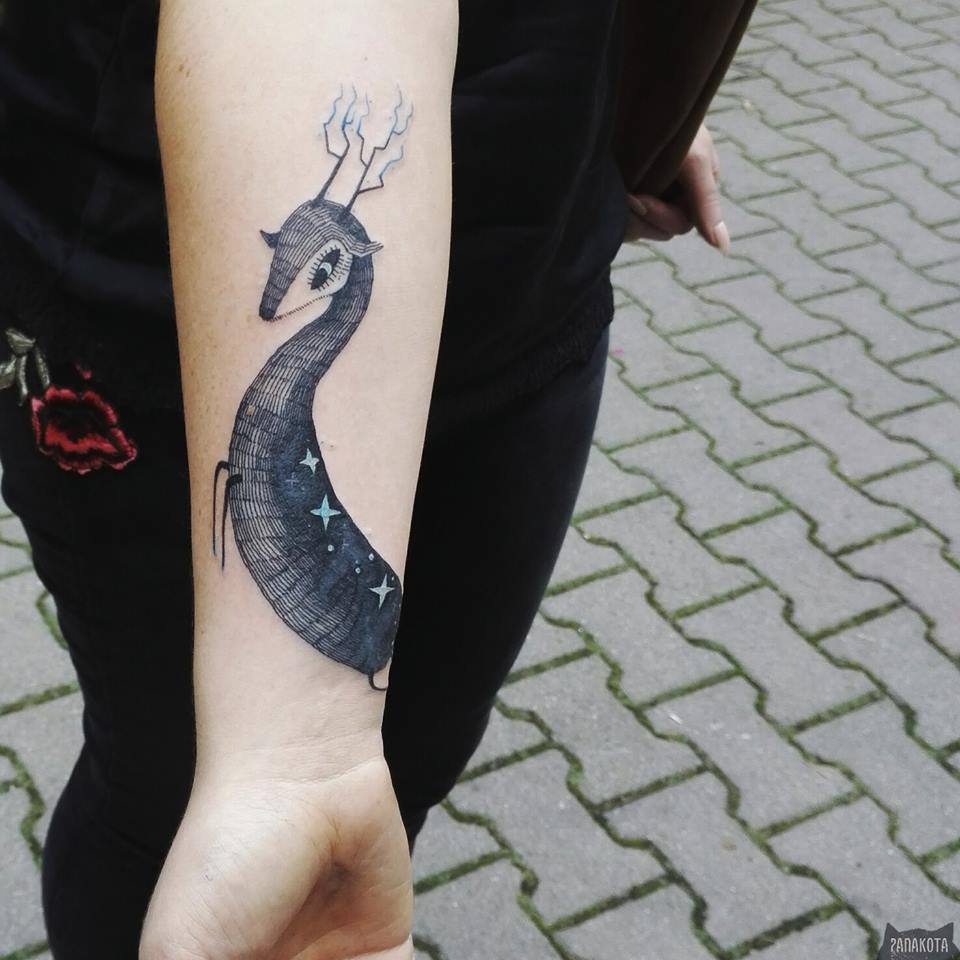 Impressive Black Ink Deer Tattoo On Forearm By Panakota