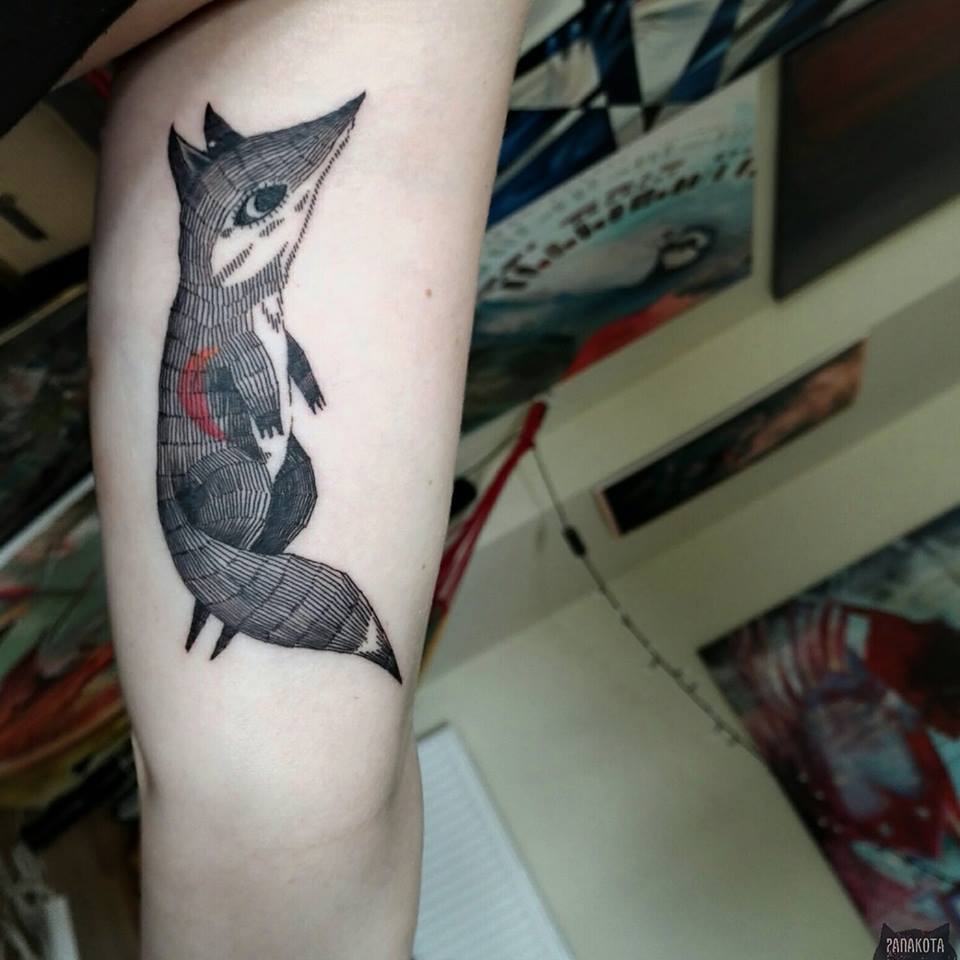 Impressive Black Ink Fox Tattoo On Left Bicep By Panakota