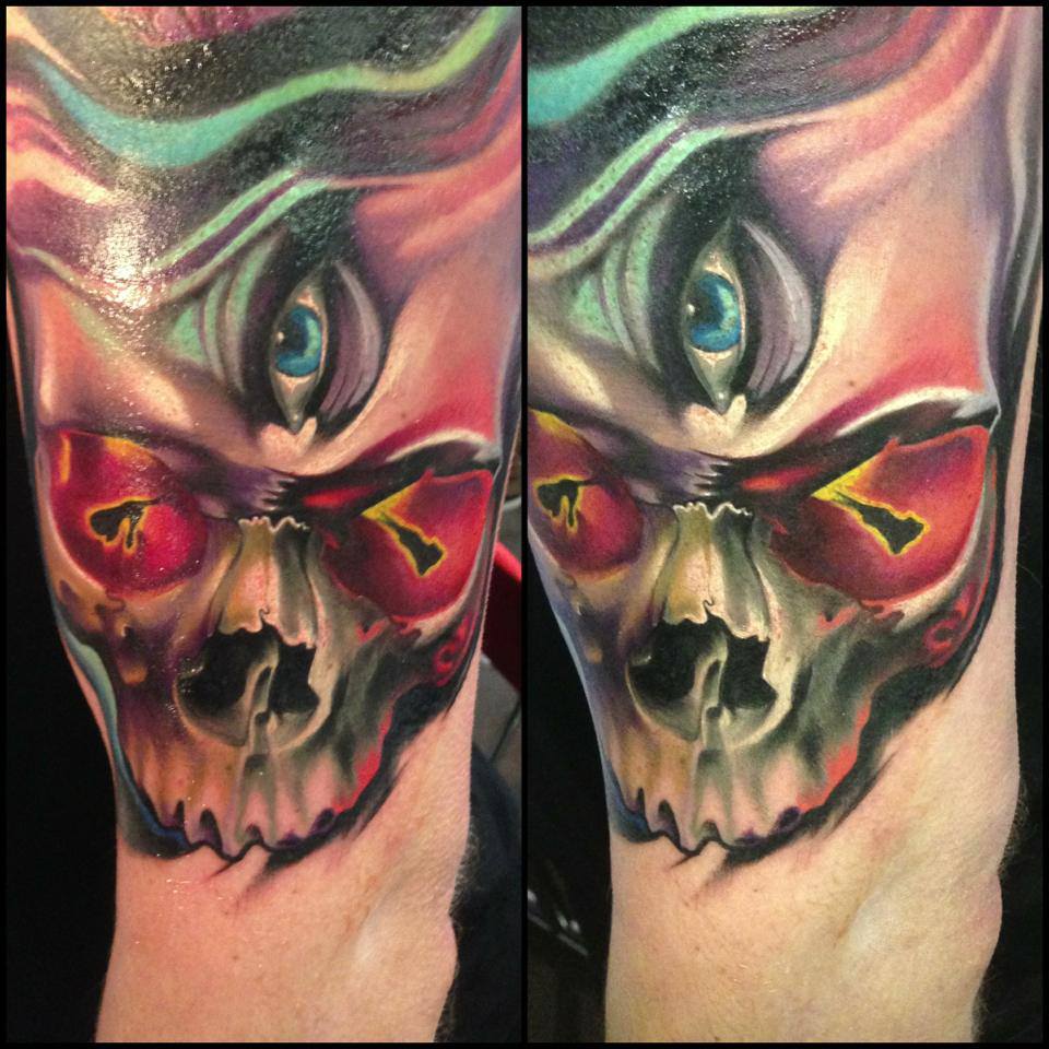 Impressive Third Eye Skull Tattoo On Left Half Sleeve