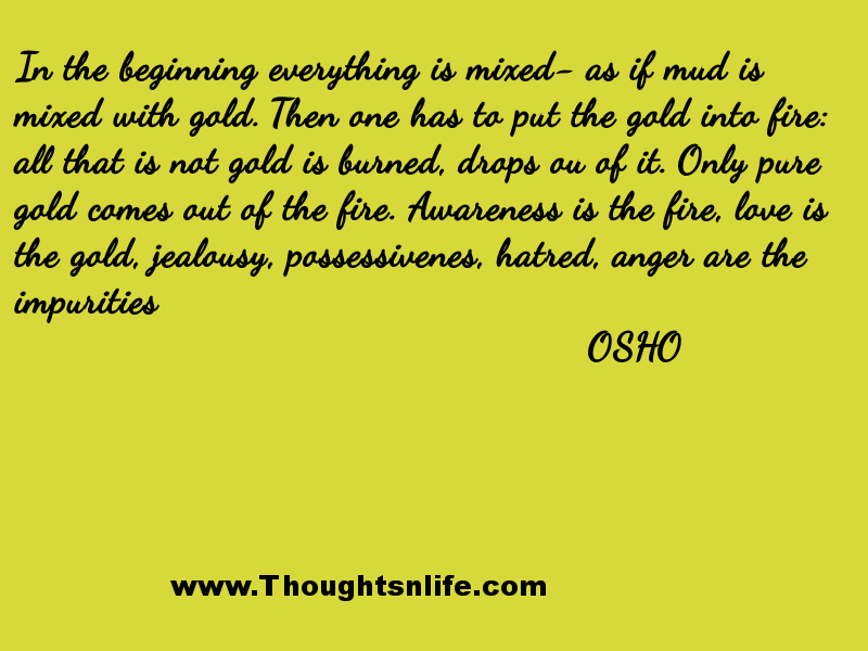 In the beginning everything is mixed- as if mud is mixed with gold. Then one has to put the gold into fire all that is not gold is burned, drops out … Osho