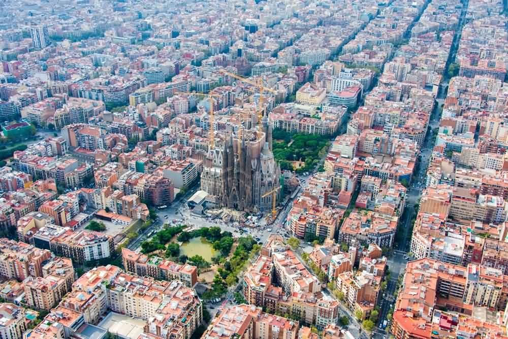 Incredible Aerial View Of The Sagrada Familia And Barcelona City