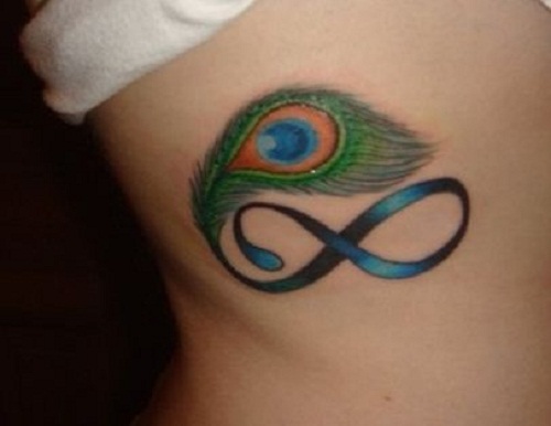 Infinity Symbol And Peacock Feather Tattoo On Rib Side