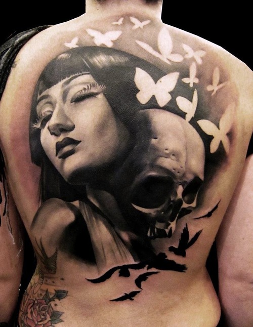 Japanese Girl And Skull Tattoo On Full Back