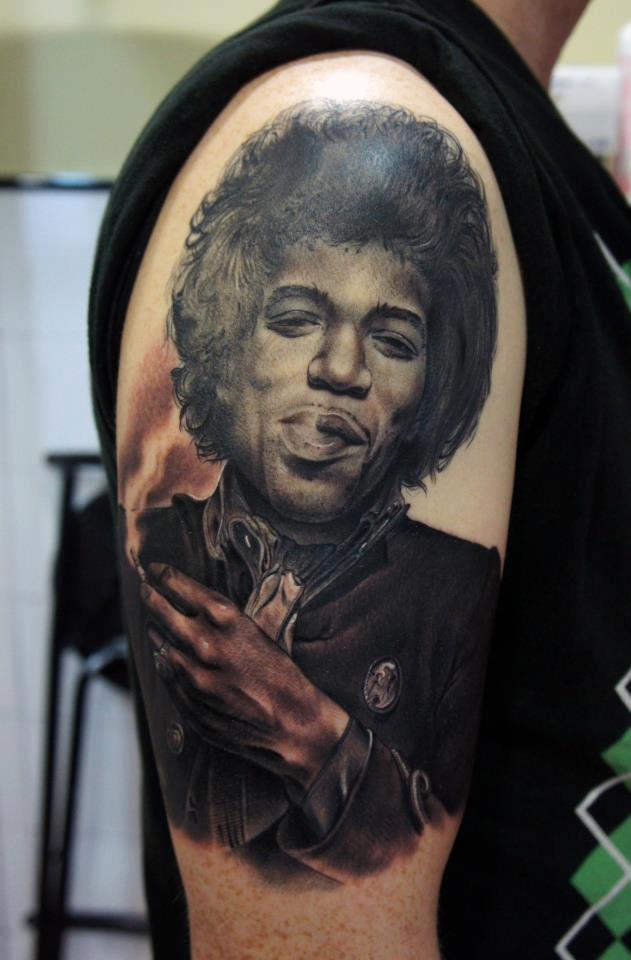 Jimi Hendrix Portrait Tattoo On Right Half Sleeve By Fredy