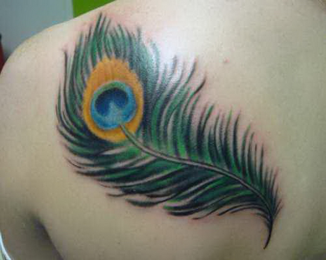 Left Back Shoulder Green Peacock Feather Tattoo