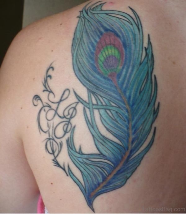 Left Back Shoulder Peacock Feather Tattoo