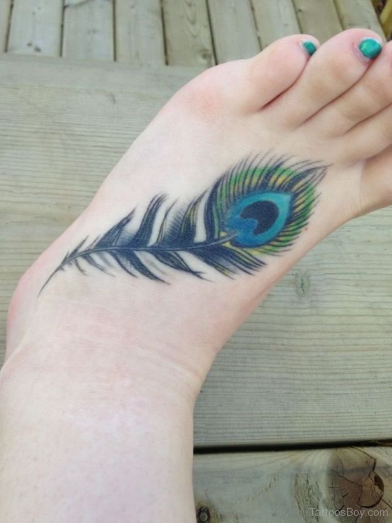 Left Foot Peacock Feather Tattoo For Girls