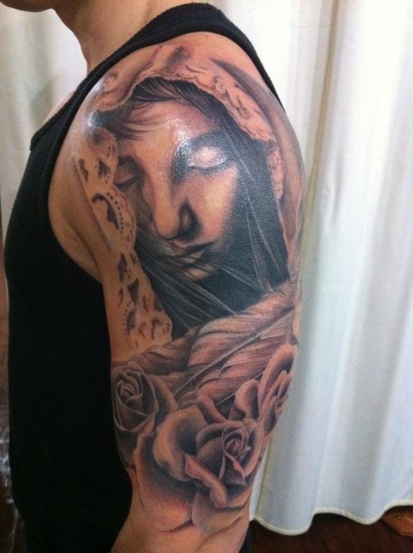 Left Half Sleeve Grey Ink Angel And Rose Tattoo