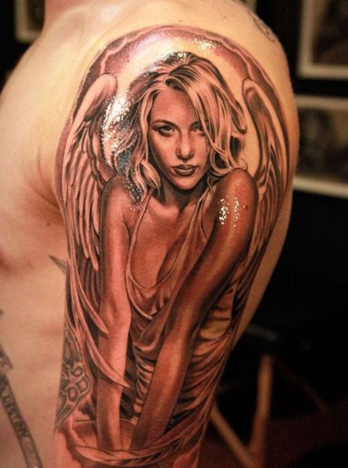 Left Half Sleeve Grey Ink Angel Girl Tattoo