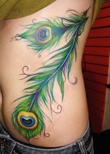 Left Rib Side Peacock Feather Tattoos