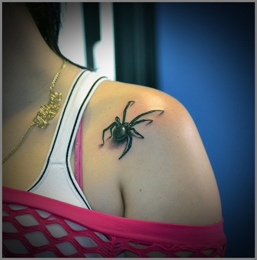 Left Shoulder Black Spider Tattoo For Women