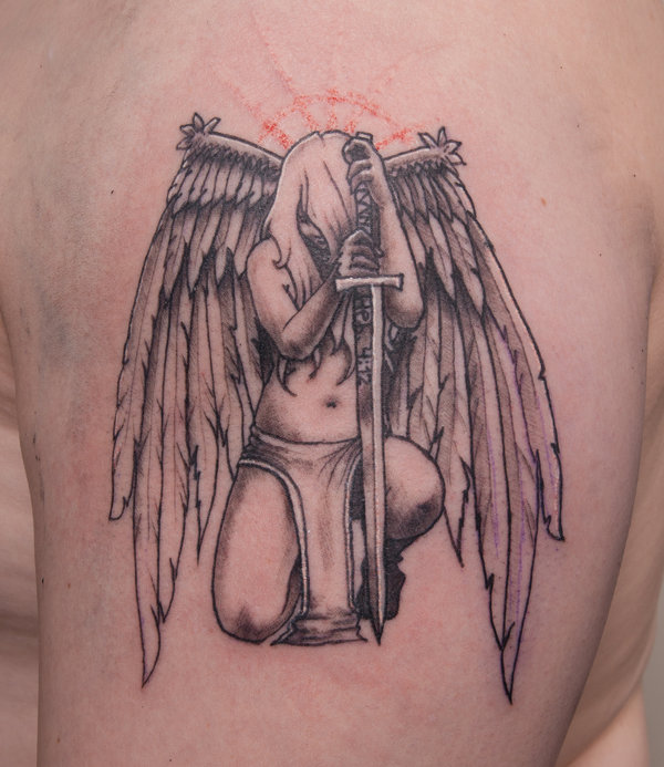 Left Shoulder Grey Angel With Dagger Tattoo