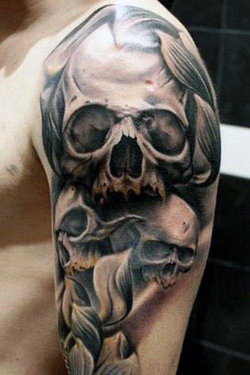Left Shoulder Grey Skull Tattoo On Shoulder