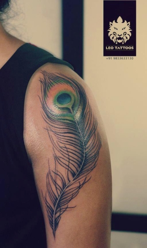 Left Shoulder Peacock Feather Tattoo For Young Girls