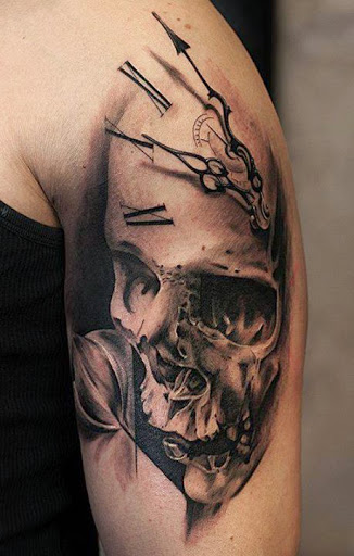 Left Shoulder Skull With Clock Tattoo