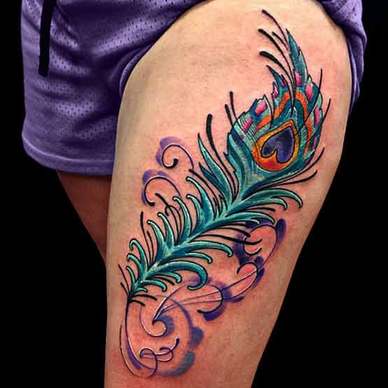 Left Thigh Peacock Feather Tattoo For Girls