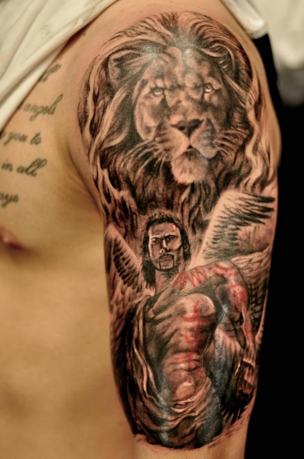 Lion Head And Angel Tattoo On Man Half Sleeve