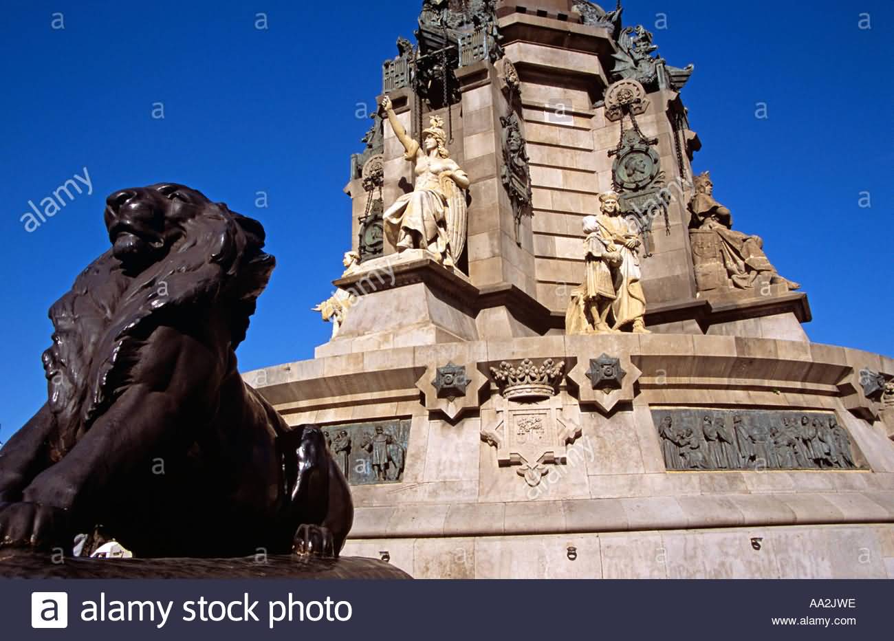 Lion Statue And Base Of The Columbus Monument In Barcelona