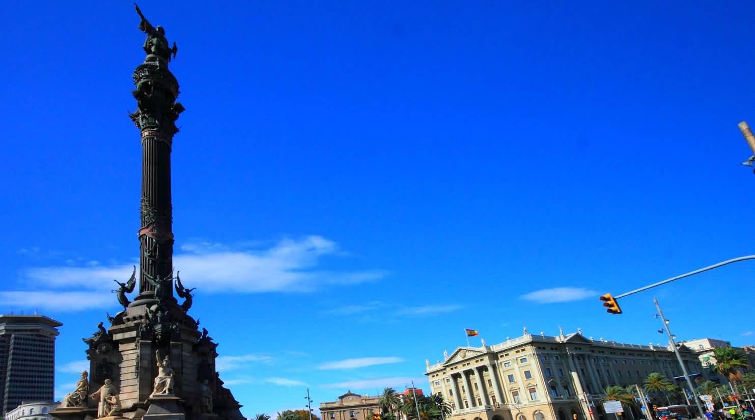 Long View Of The Columbus Monument In Barcelona