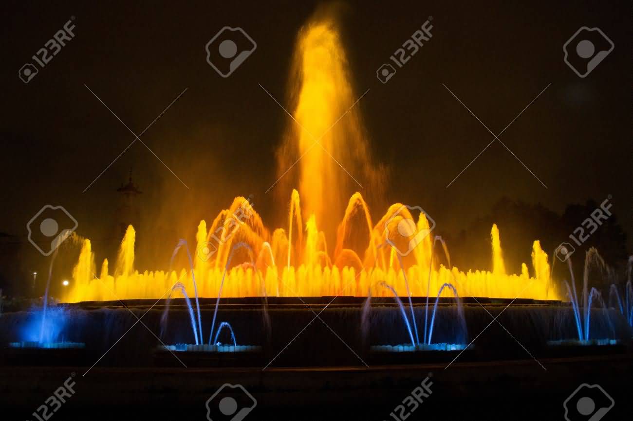 Magic Fountain In Front Of Palau Nacional At Night