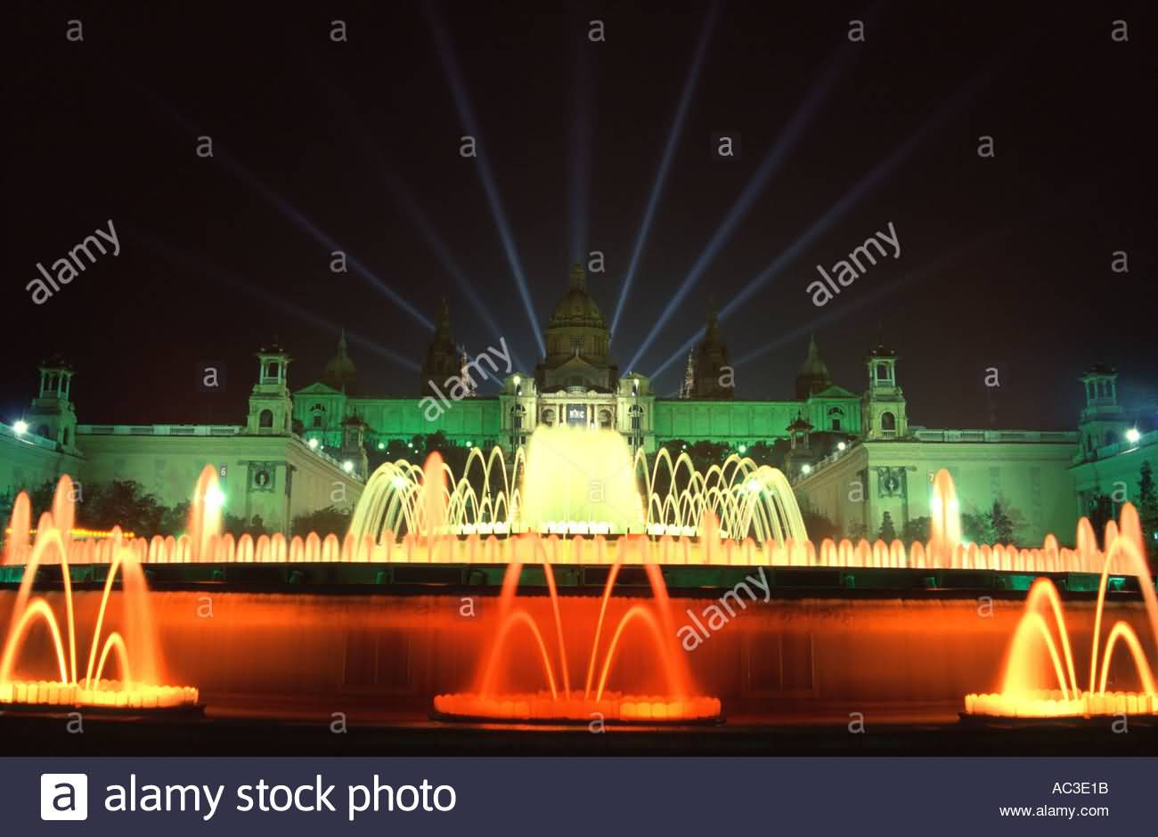 Magic Fountain In Front Of Palau Nacional At Night
