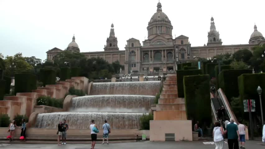 Magnificent Waterfalls Cascade In Front Of Palau Nacional