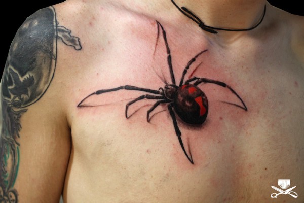 Man Chest Black And Red Spider Tattoo