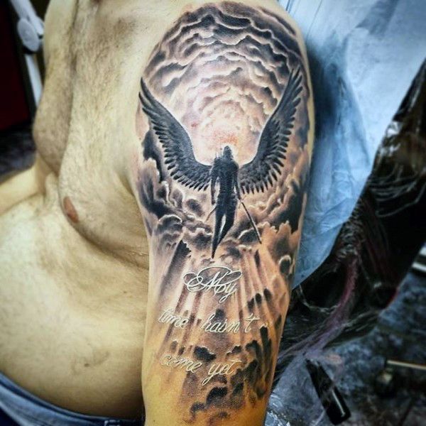 Man Left Half Sleeve Angel Tattoo Idea