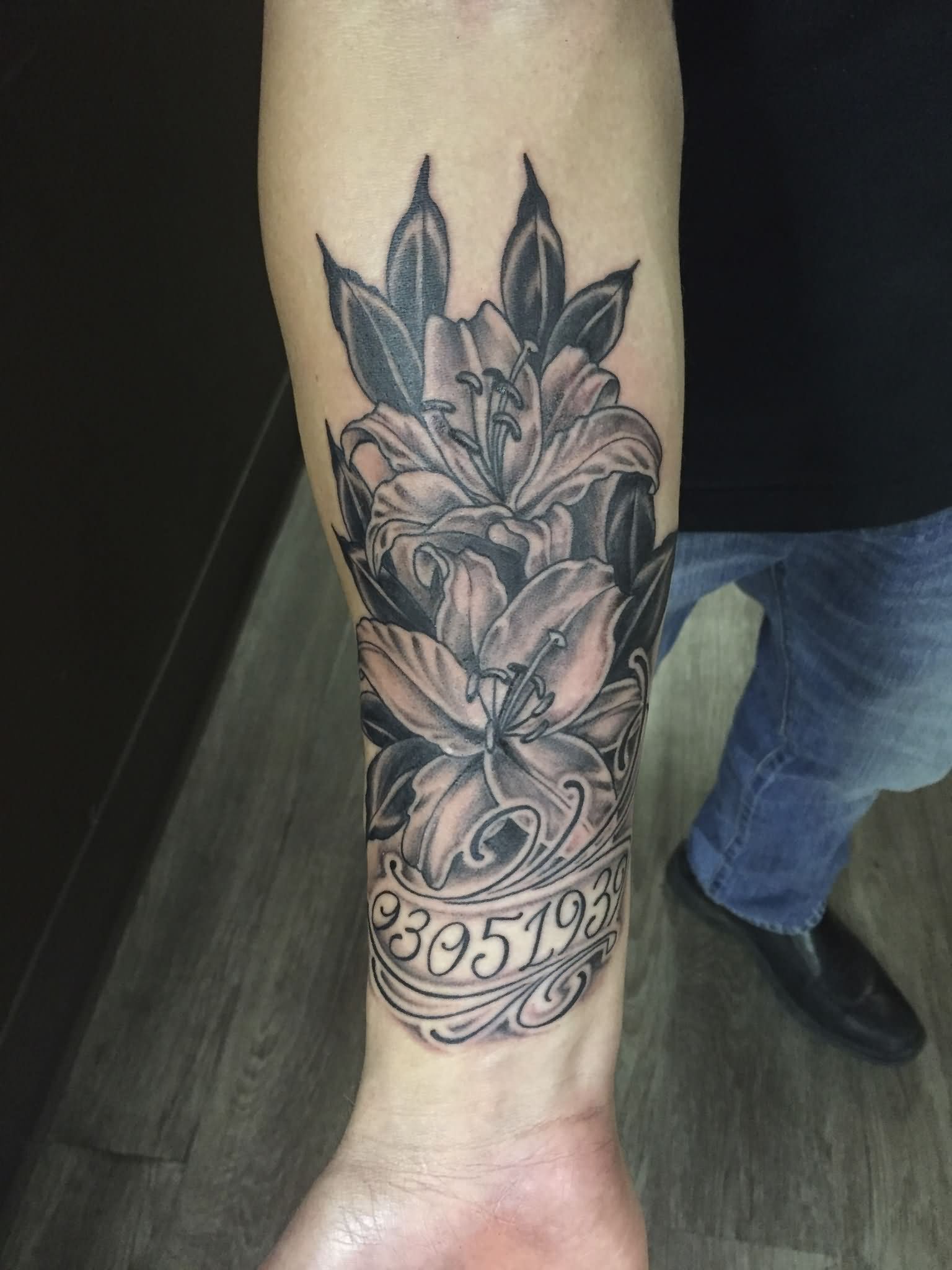 Memorial Black Ink Lily Flowers Tattoo On Right Forearm By Daniel Troyer