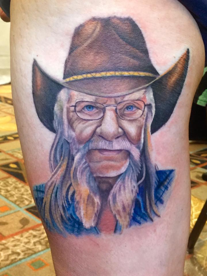 Memorial Colorful Old Man Portrait Tattoo On Left Side Thigh By Omar