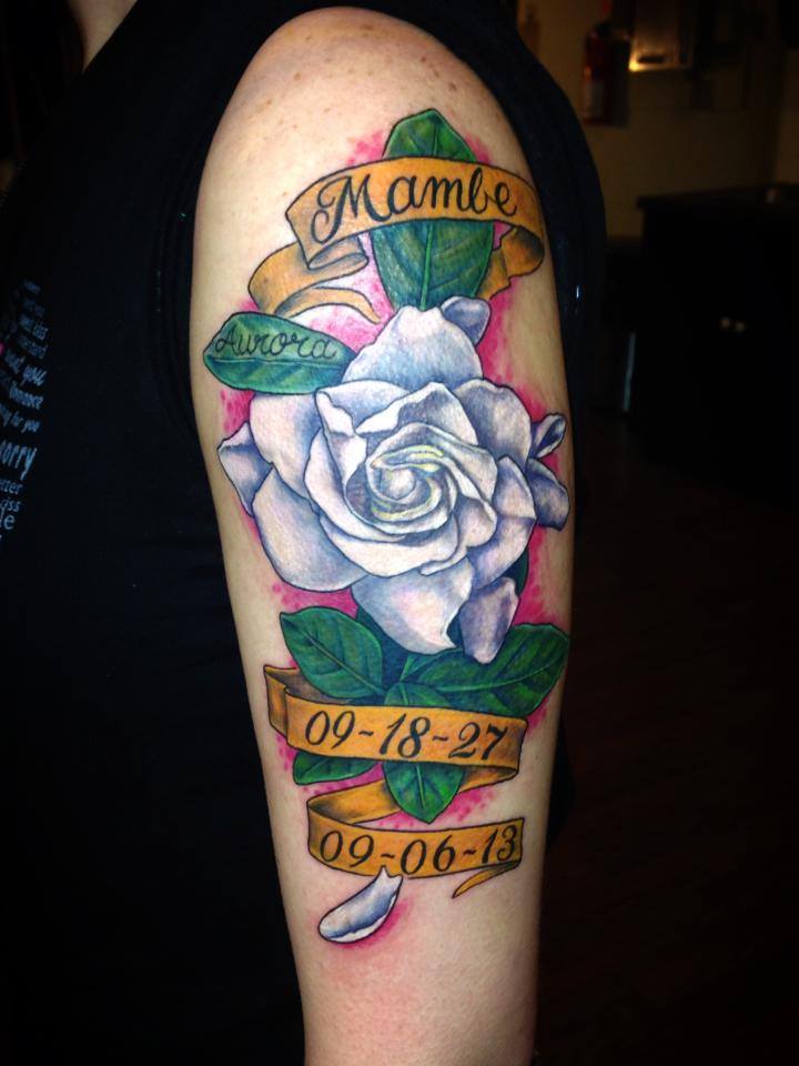 Memorial Rose With Banner Tattoo On Left Half Sleeve By Omar