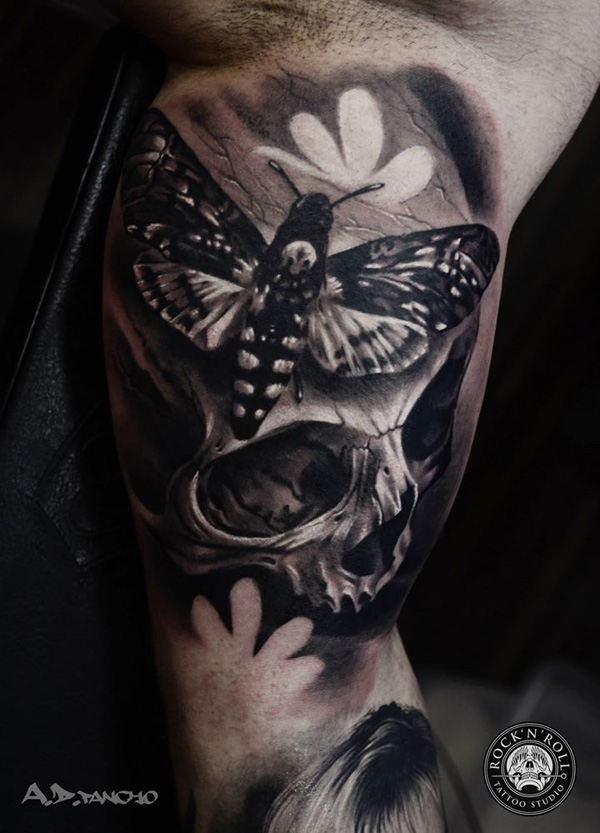 Moth And Skull Realistic Tattoo On Bicep