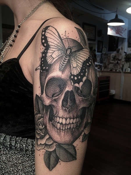 Moth And Skull Tattoo On Left Shoulder