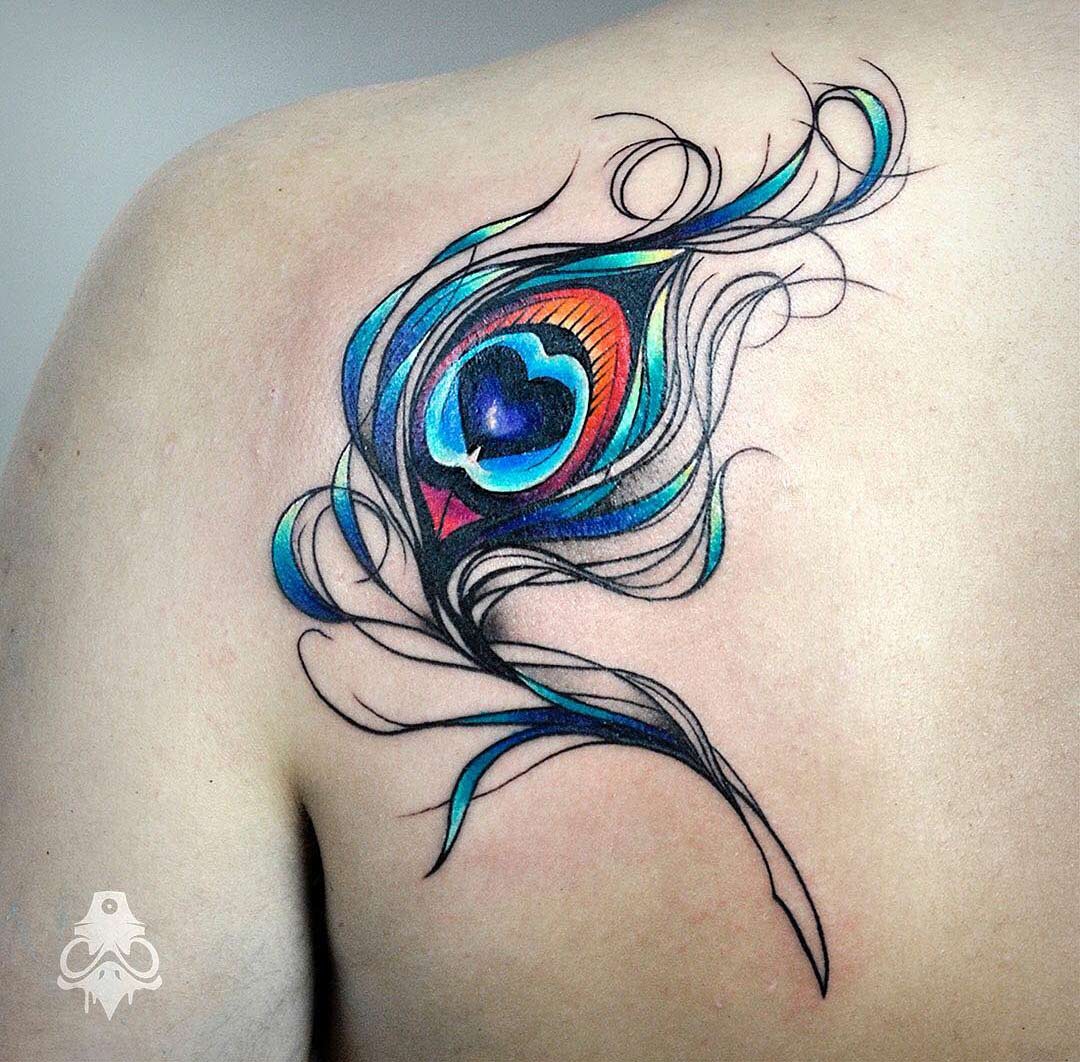 Nice Color Ink Peacock Feather Tattoo On Back Shoulder