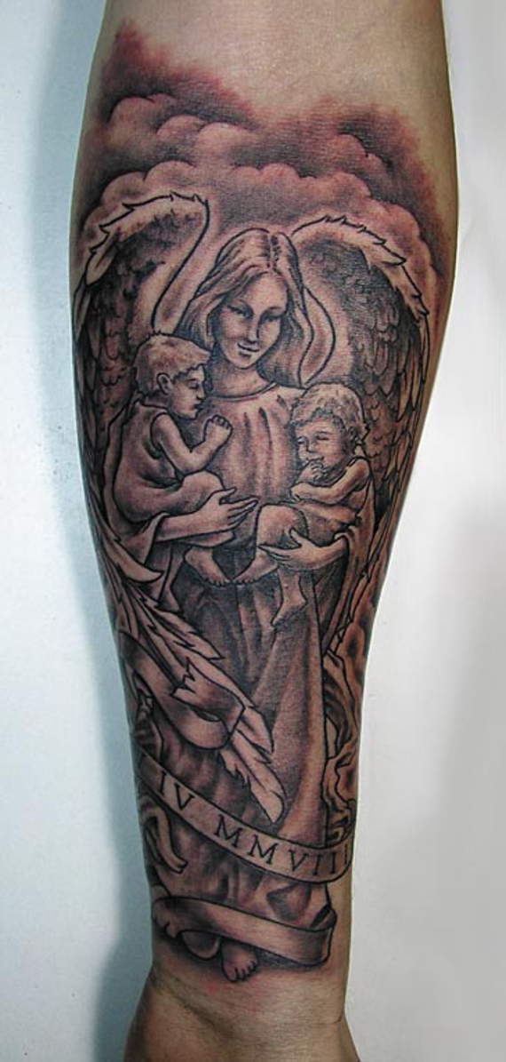 Nice Grey Ink Angel Tattoo On Forearm